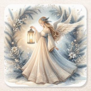 Posavasos Cuadrado De Papel Ángel Celestial de Invierno Farol de Paz