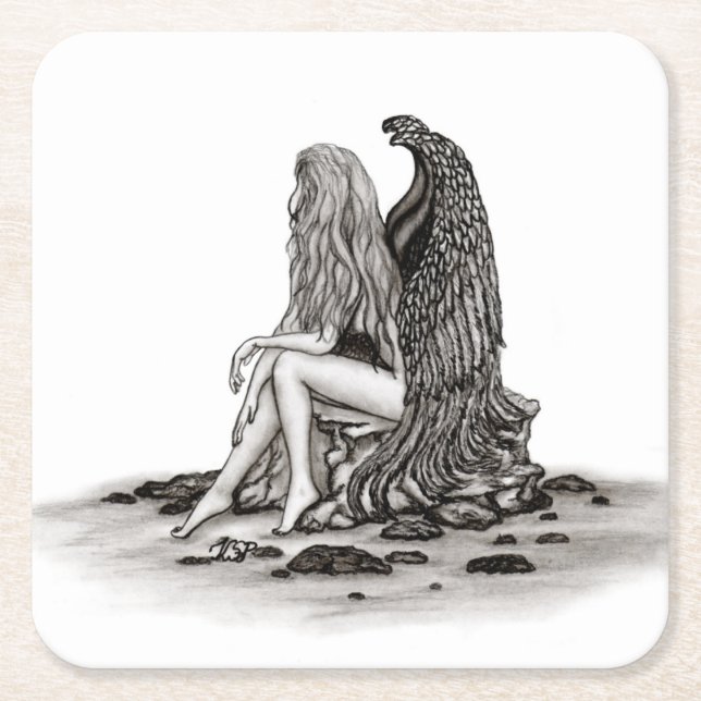 Posavasos Cuadrado De Papel Ángel, perdido en el pensamiento, diseño blanco y  (Anverso)