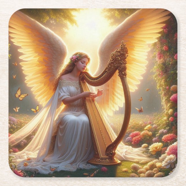Posavasos Cuadrado De Papel Ángel tocando un arpa con flores y mariposas (Anverso)