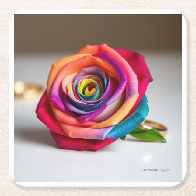 Posavasos Cuadrado De Papel Anillo de Rosa arcoiris (Anverso)