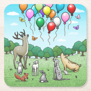 Posavasos Cuadrado De Papel Animales con globos de cumpleaños