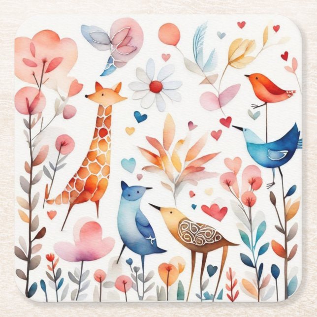 Posavasos Cuadrado De Papel Animales curtidos en el jardín (Anverso)