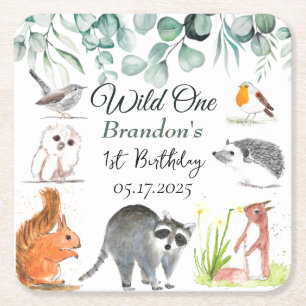 Posavasos Cuadrado De Papel Animales de Cute Woodland 1 cumpleaños salvaje 1