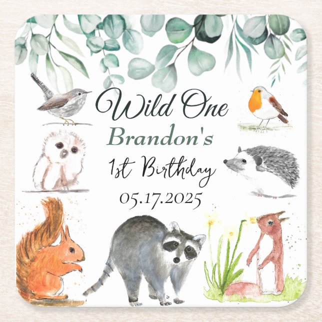 Posavasos Cuadrado De Papel Animales de Cute Woodland 1 cumpleaños salvaje 1 (Anverso)