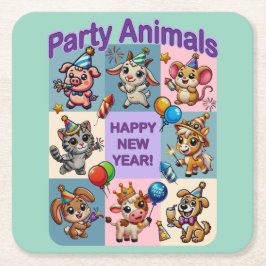 Posavasos Cuadrado De Papel Animales de fiesta "Feliz Año Nuevo"
