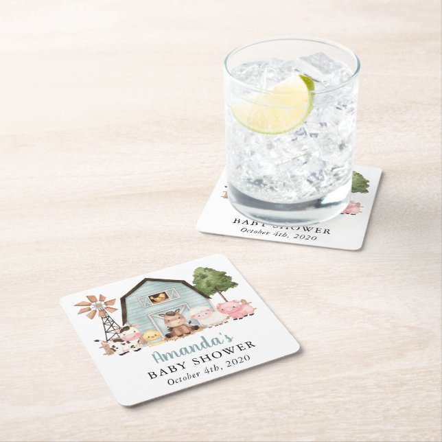 Posavasos Cuadrado De Papel Animales de granja, Animales adorables, Granero az (In situ)