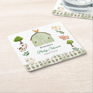 Posavasos Cuadrado De Papel Animales de granja en acuarela para baby shower