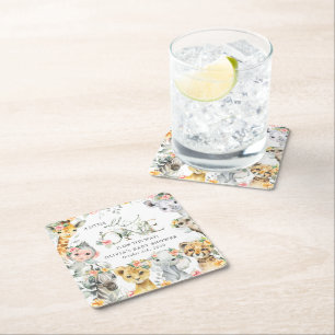 Posavasos Cuadrado De Papel Animales de la jungla, Safari, Flores, Baby Shower