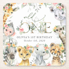 Posavasos Cuadrado De Papel Animales de la jungla, Safari, Flores, primer cump