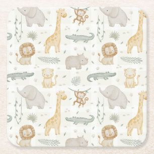 Posavasos Cuadrado De Papel Animales de Safari Jungla Verde Cuadros de Gingham