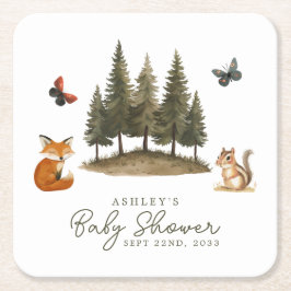 Posavasos Cuadrado De Papel Animales del Bosque Arbolado Acuarela Baby Shower