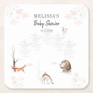 Posavasos Cuadrado De Papel Animales del bosque en acuarela para baby shower