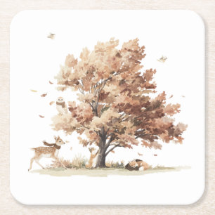 Posavasos Cuadrado De Papel Animales del bosque otoñal