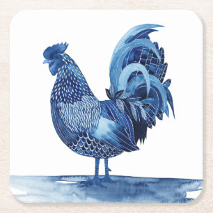 Posavasos Cuadrado De Papel Animales del campo del azul de cobalto - gallo