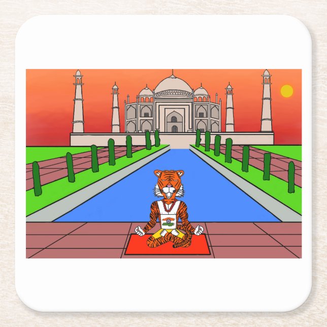 Posavasos Cuadrado De Papel Animales del mundo, India: Tigre (Anverso)