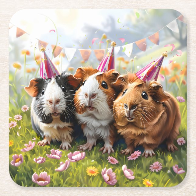 Posavasos Cuadrado De Papel Animales fiestas - 3 cerdos de Guinea (Anverso)