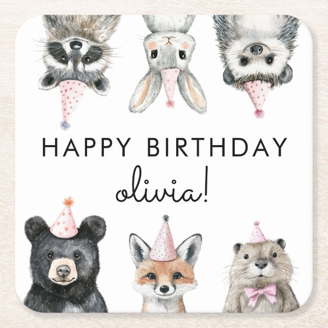 Posavasos Cuadrado De Papel Animales Fiestas de Woodland (Anverso)