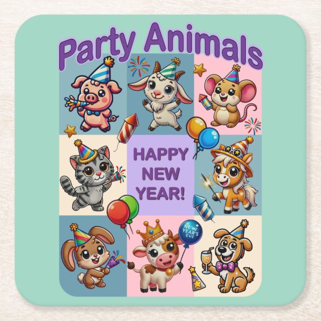 Posavasos Cuadrado De Papel Animales fiestas "Feliz Año Nuevo" (Anverso)