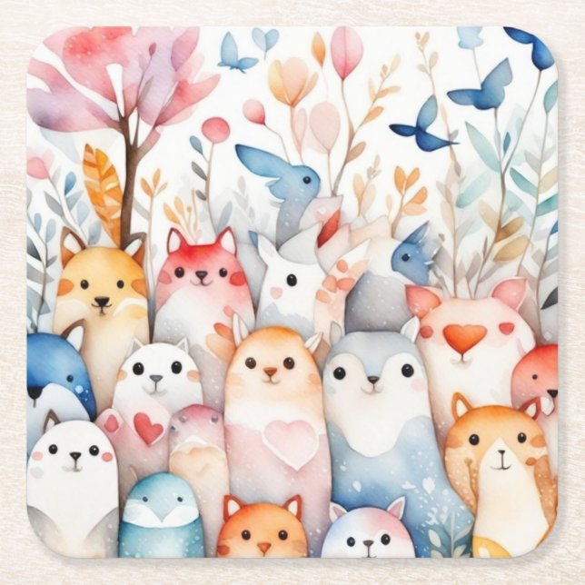 Posavasos Cuadrado De Papel Animales florales y bonitos diseños (Anverso)