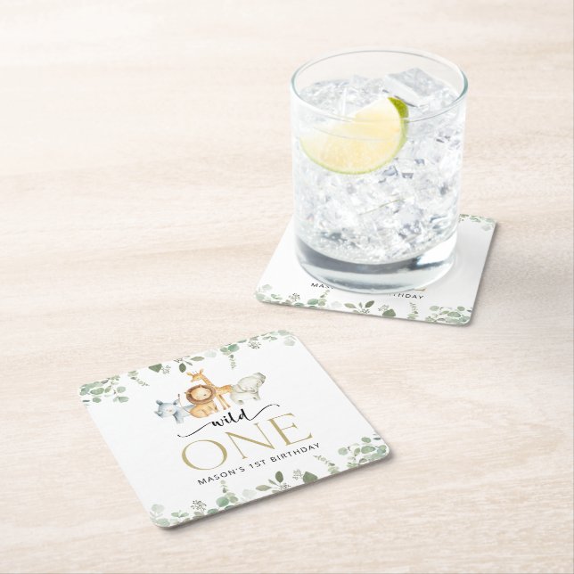 Posavasos Cuadrado De Papel Animales safari, jungla, salvaje, primer cumpleaño (In situ)