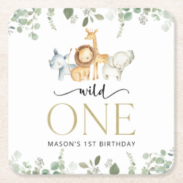 Posavasos Cuadrado De Papel Animales safari, jungla, salvaje, primer cumpleaño