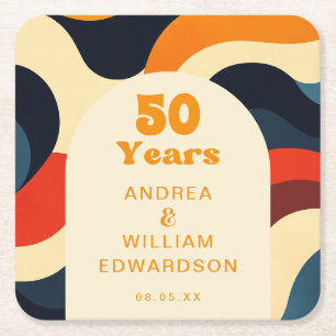 Posavasos Cuadrado De Papel Aniversario de bodas retro funky 50