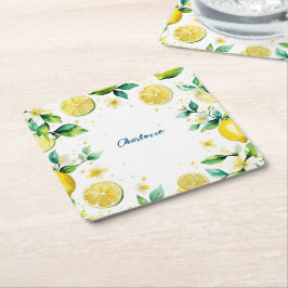 Posavasos Cuadrado De Papel Aniversario de la acuarela de limón amarillo simpl