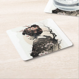Posavasos Cuadrado De Papel Anmutige japanische Geisha - 