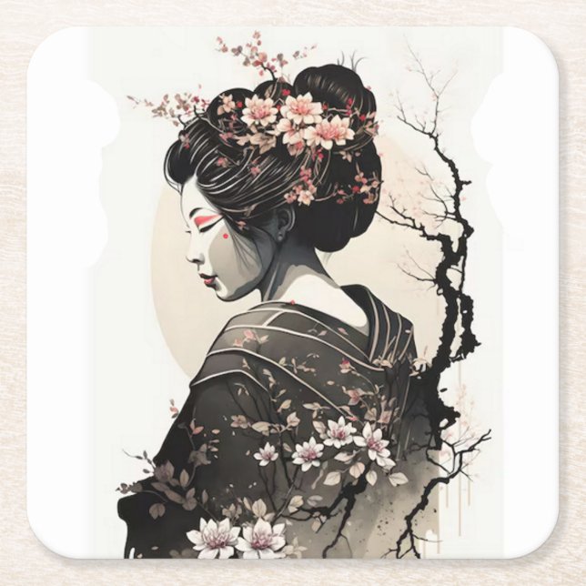 Posavasos Cuadrado De Papel Anmutige japanische Geisha -  (Anverso)