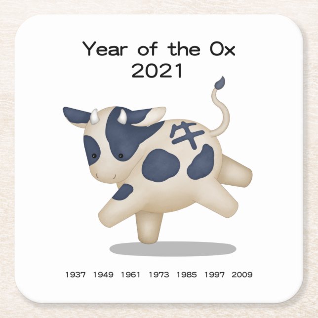 Posavasos Cuadrado De Papel Año del animal Ox Cute Zodiac 2021 (Anverso)