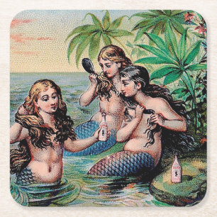 Posavasos Cuadrado De Papel Antigüedad de Sirena Mágica Océano Náutico