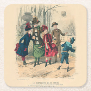 Posavasos Cuadrado De Papel Antiguo juego de pelota de niños victorianos de 18