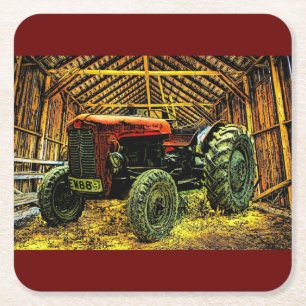 Posavasos Cuadrado De Papel Antiguo Tractor Rojo Rústico Barn