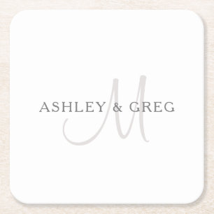 Posavasos Cuadrado De Papel Apellido elegante monograma Blanco y gris