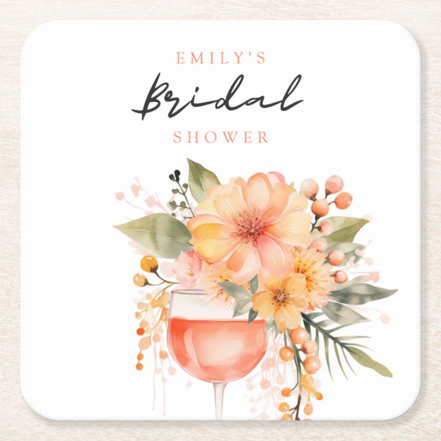 Posavasos Cuadrado De Papel Aperol Spritz Floral Bridal Shower (Anverso)