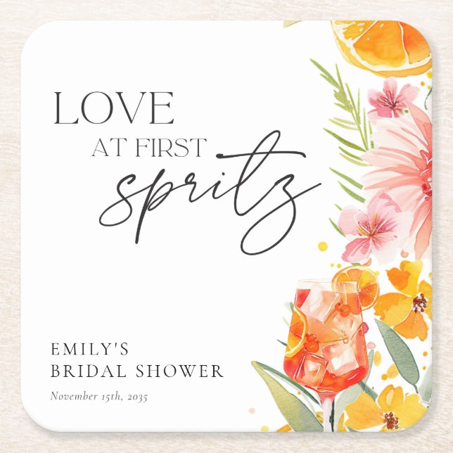 Posavasos Cuadrado De Papel Aperol Spritz Watercolor Bridal Shower (Anverso)