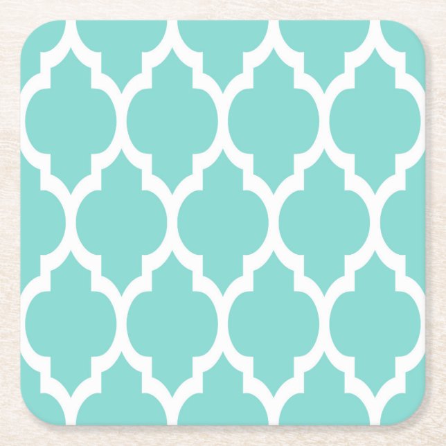 Posavasos Cuadrado De Papel Aqua turquesa que patrón de quatrefoil marroquí #4 (Anverso)