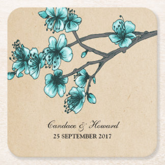 Posavasos Cuadrado De Papel Aqua Vintage Cherry Blossoms Paper Coasters