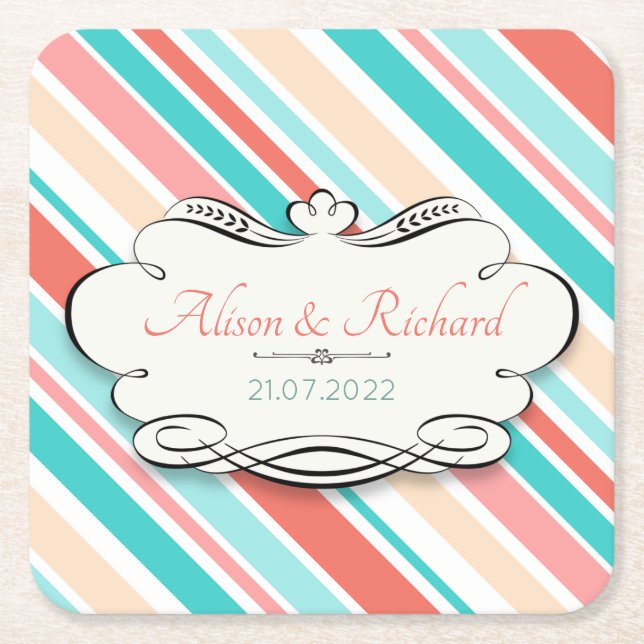 Posavasos Cuadrado De Papel Aqua y Coral (Anverso)