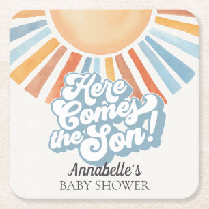 Posavasos Cuadrado De Papel Aquí viene el Fiesta de Baby Shower Son Sunshine B