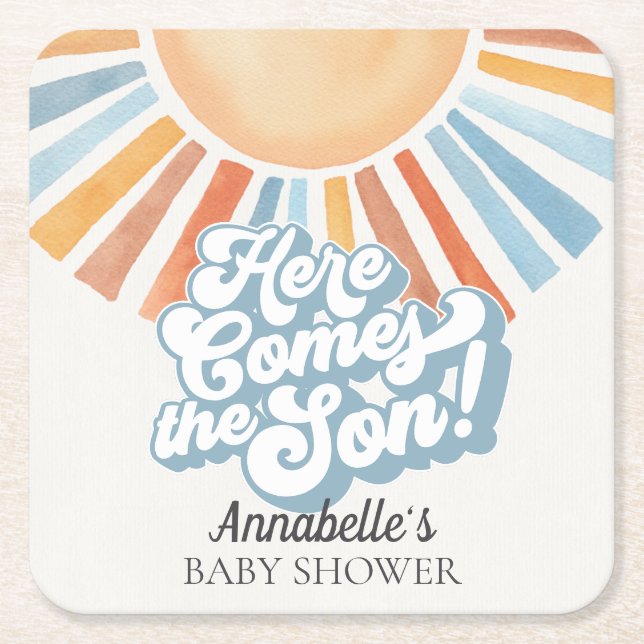 Posavasos Cuadrado De Papel Aquí viene el Fiesta de Baby Shower Son Sunshine B (Anverso)