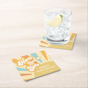 Posavasos Cuadrado De Papel Aquí viene el hijo boho retro bebé ducha