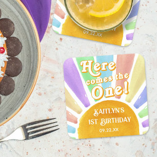 Posavasos Cuadrado De Papel ¡Aquí Viene El Uno! Retro Boho Sun 1er cumpleaños