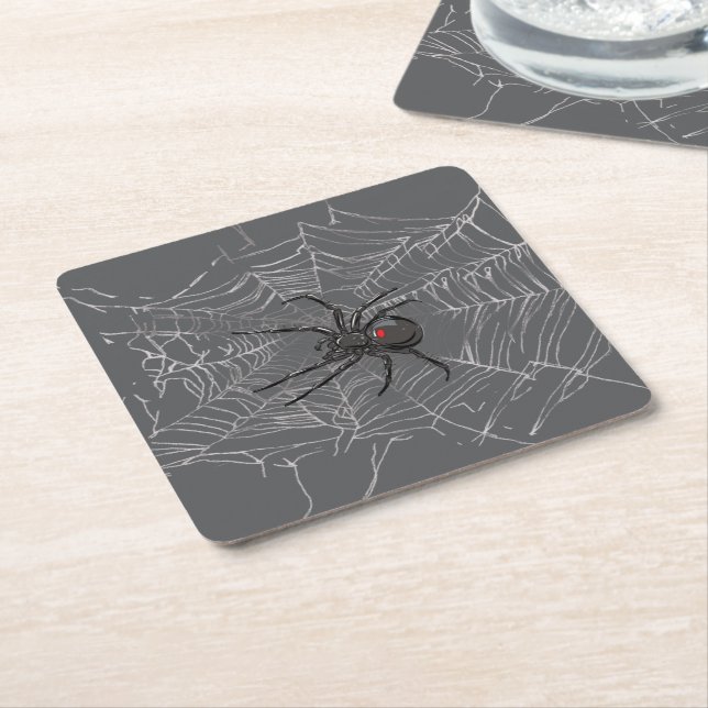 Posavasos Cuadrado De Papel Araña De Viuda Negra Y Arte De Dibujo De Spiderweb (En perspectiva)