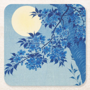 Posavasos Cuadrado De Papel Árbol azul bajo la luz de la luna: Noche de flor d