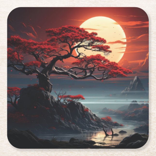 Posavasos Cuadrado De Papel Árbol Bonsai (Anverso)