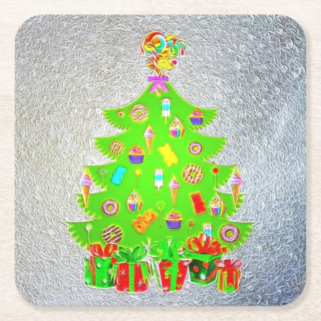 Posavasos Cuadrado De Papel Árbol de caramelos navidades (Anverso)