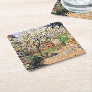 Posavasos Cuadrado De Papel Árbol de ciruelas, Eragny Camille Pissarro