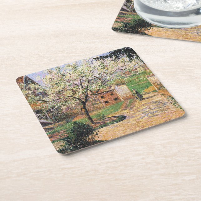 Posavasos Cuadrado De Papel Árbol de ciruelas, Eragny Camille Pissarro (En perspectiva)
