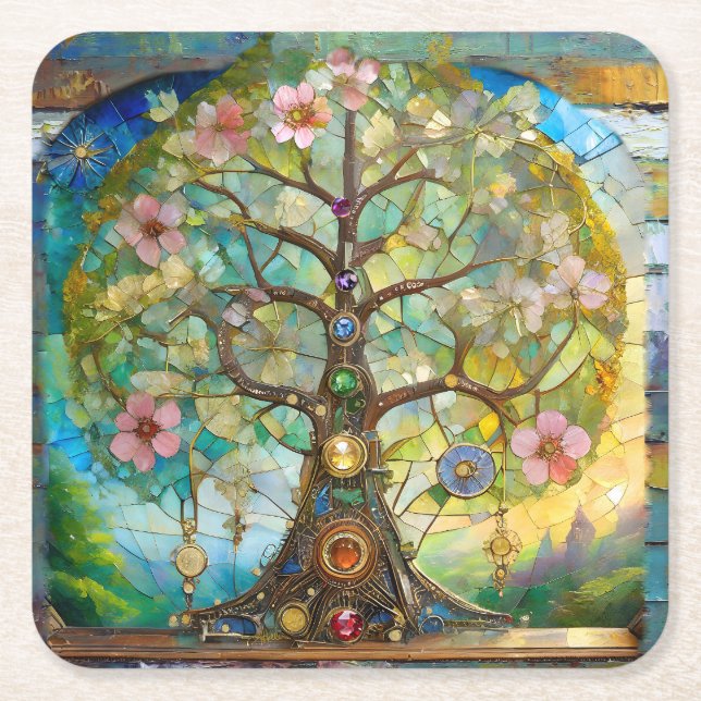 Posavasos Cuadrado De Papel Árbol de la Vida Florido de 7 Chakras (Anverso)